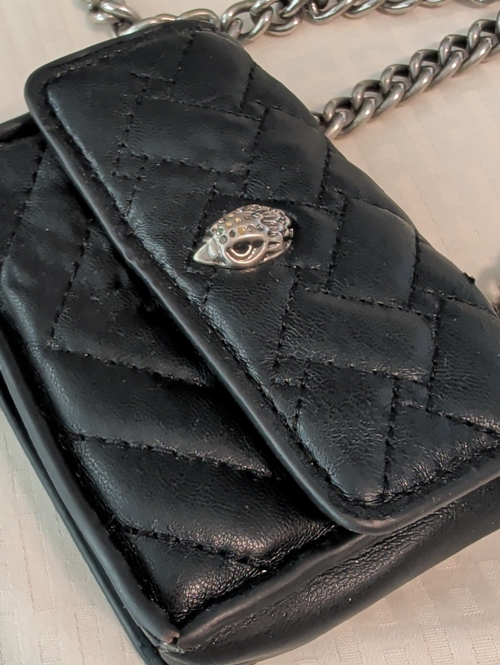 Kurt Geiger Black Quilted Mini Chain Crossbody with Silver Eagle Emblem